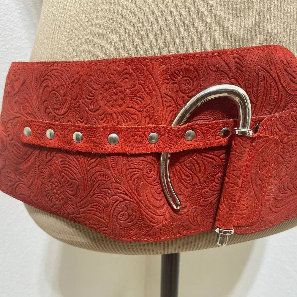 Made In Italy Red Embossed Leather Belt Wide Waist Cinching Corset Belt Sz M/L